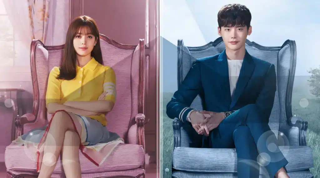 Personagens principais de W – Dois Mundos (2016), Oh Yeon-joo e Kang Chul, com os mundos distintos de cada um representados por cores diferentes e contrastantes.
