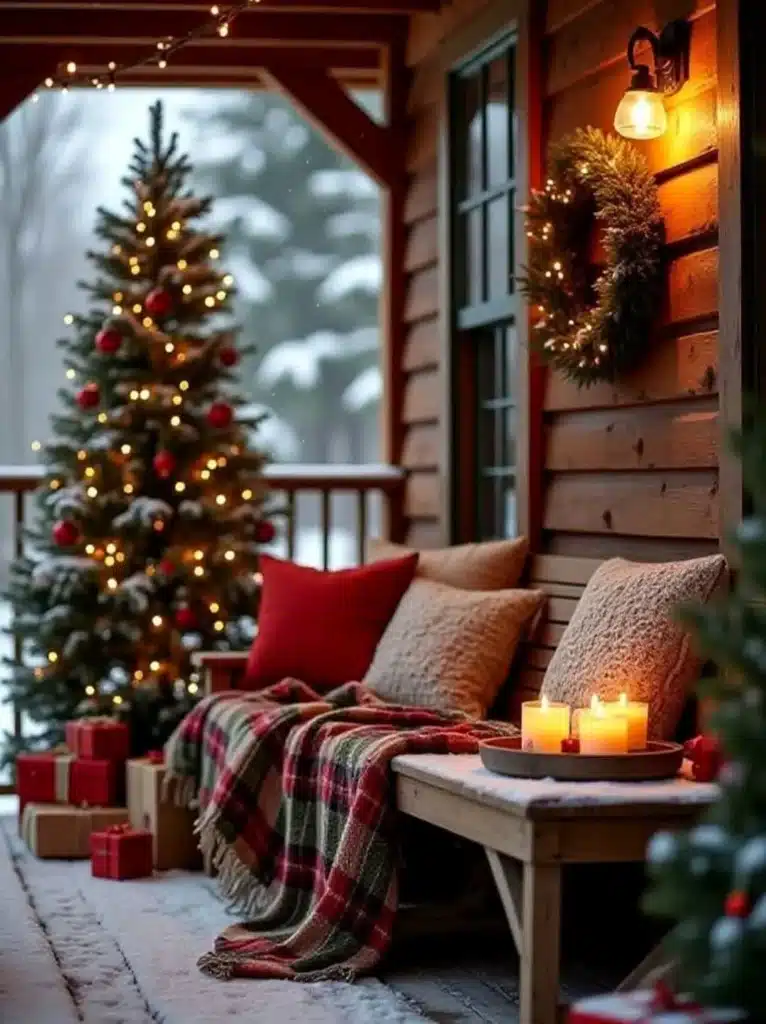 Varanda decorada para o Natal com árvore iluminada, detalhes em vermelho e elementos rústicos, como velas e presentes.