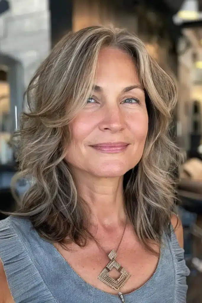 Mulher com cabelo bege acinzentado e leves ondulações, sorrindo com um colar geométrico, em ambiente bem iluminado.