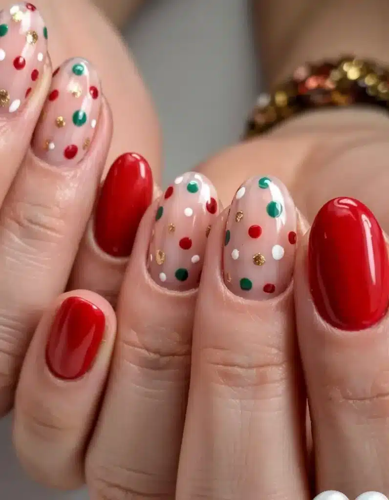 Unhas com Bolinhas Coloridas Inspiradas no Natal Unhas com bolinhas coloridas em vermelho, verde e dourado, inspiradas nas decorações de Natal.