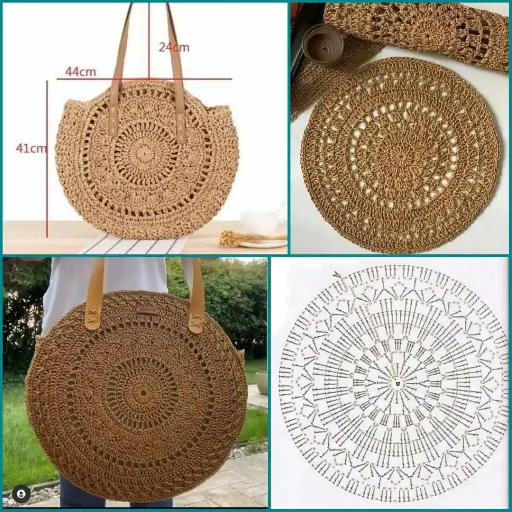 Bolsa redonda de crochê feita com fio de palha, ideal para compor looks casuais e de passeio.