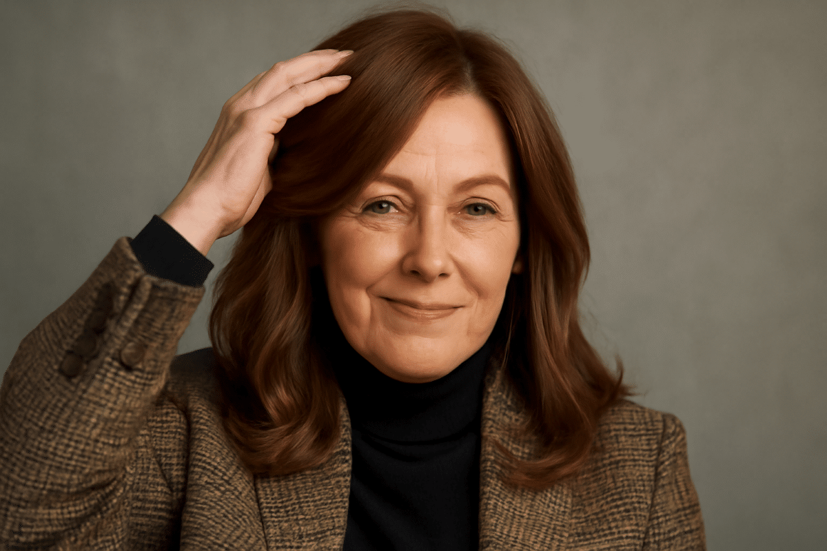 Mulher sorridente com cabelo castanho iluminado, representando a tendência de coloração.