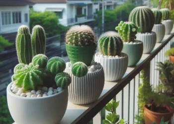Varanda decorada com diferentes tipos de cactos em vasos brancos e verdes, criando um cantinho verde aconchegante.