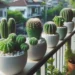 Varanda decorada com diferentes tipos de cactos em vasos brancos e verdes, criando um cantinho verde aconchegante.