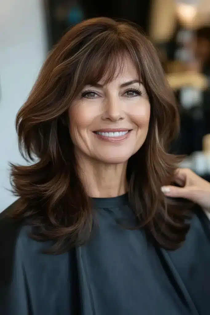 Mulher com cabelo castanho luminoso, com brilho natural, mostrando a técnica para manter o efeito espelhado por mais tempo.