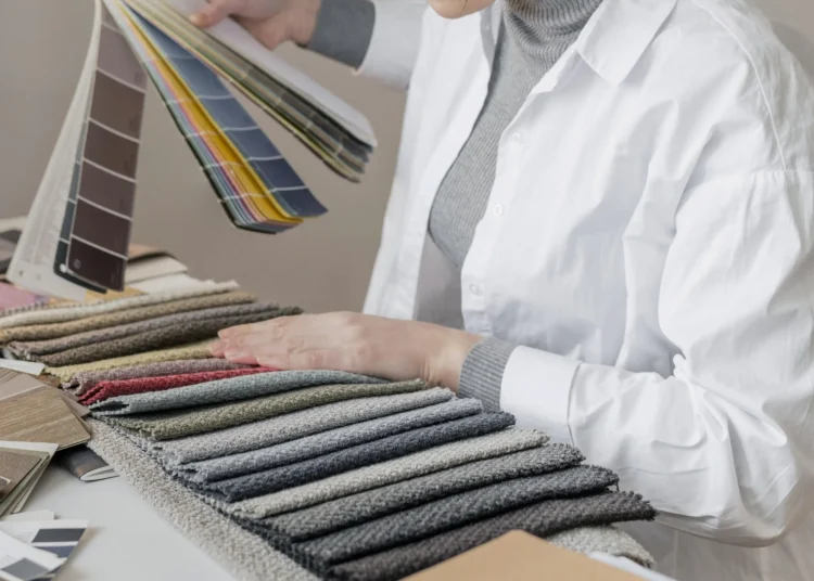 Pessoa analisando amostras de tecidos em tons de cinza enquanto escolhe cores em uma paleta, no contexto de coloração pessoal.