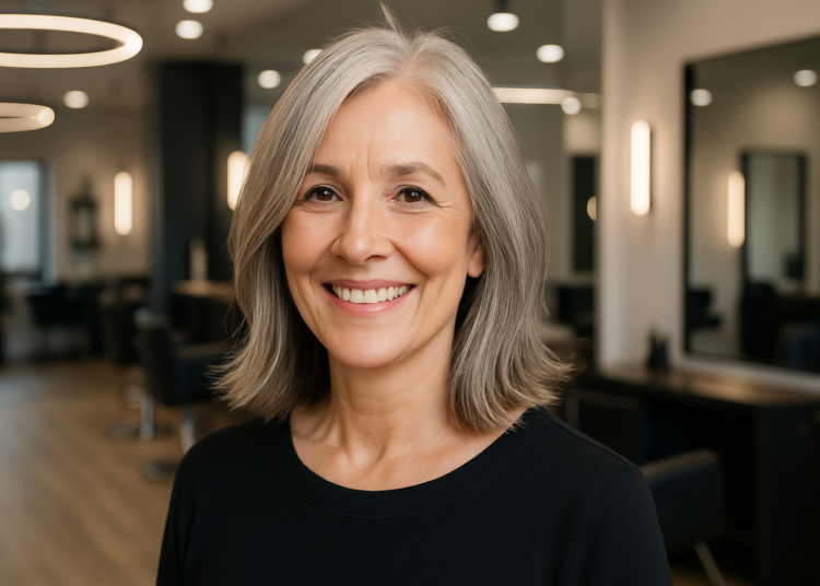 Mulher com corte médio repicado, estilo moderno e elegante, ideal para mulheres 50+