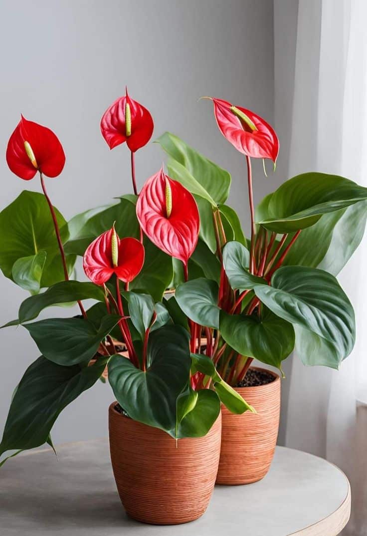 Dois vasos de Antúrio (Anthurium) com flores vermelhas vibrantes e folhas verdes escuras, posicionados próximos a uma janela, ilustrando a decoração prática de ambientes internos.