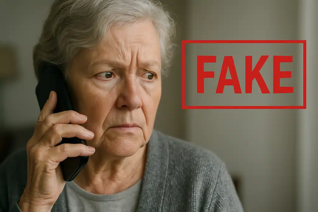 Imagem de uma idosa preocupada ao telefone, com a palavra 'FAKE' sobreposta, alertando sobre fraudes relacionadas à prova de vida do INSS.