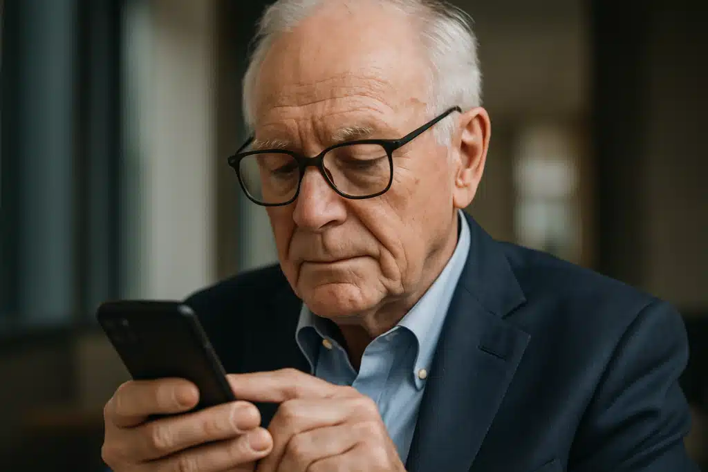 Homem idoso concentrado usando smartphone, refletindo sobre como evitar golpes online.