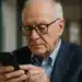 Homem idoso concentrado usando smartphone, refletindo sobre como evitar golpes online.