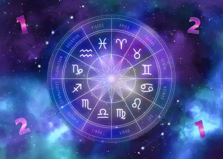 Roda do zodíaco com signos sob um céu estrelado representando o horóscopo de novembro.