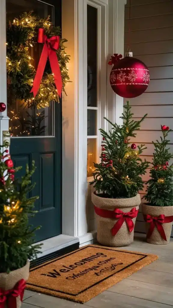 Decoração natalina na entrada da casa com árvores pequenas, guirlanda com laço vermelho.