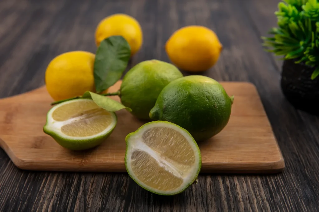Limões frescos cortados ao meio, com casca verde e interior amarelo, sobre uma tábua de madeira.