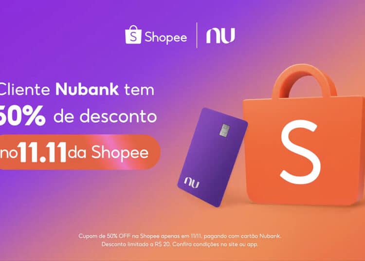 Oferta de 50% de desconto na Shopee para clientes Nubank no dia 11.11 com cartão roxo e sacola laranja