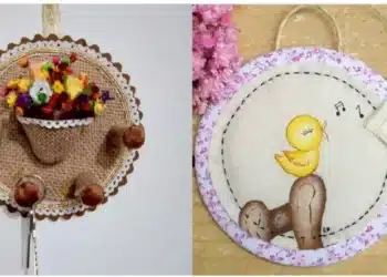 Decoração criativa com CDs reciclados, transformados em suporte para chaves e decoração de parede.