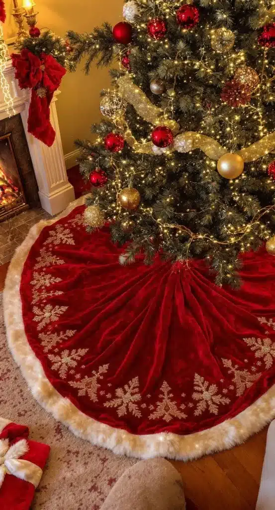 Saia de árvore vermelha com bordados dourados de flocos de neve, complementando a decoração da árvore de Natal.