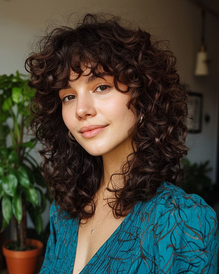 Mulher com cabelo cacheado castanho usando corte shaggy hair em camadas e franja volumosa.