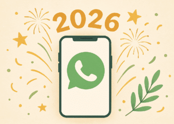 Ilustração de um celular com o logo do WhatsApp e o número 2026 ao fundo