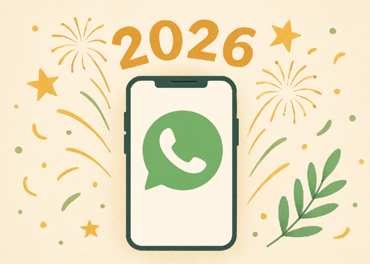 Ilustração de um celular com o logo do WhatsApp e o número 2026 ao fundo