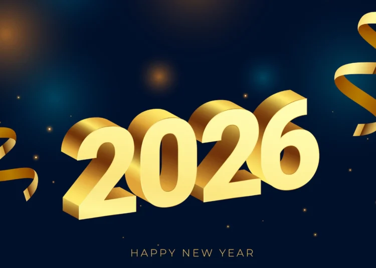 Celebração do Ano Novo 2026 com números dourados e fitas douradas, representando o início de um novo ano com metas e realizações.