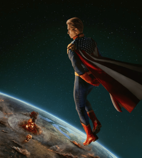 Pôster sombrio da série The Boys (Amazon Prime Video) com o Capitão Pátria (Homelander) e raios laser vermelhos, refletindo o clima de guerra civil e a mensagem visual intensa da temporada final.