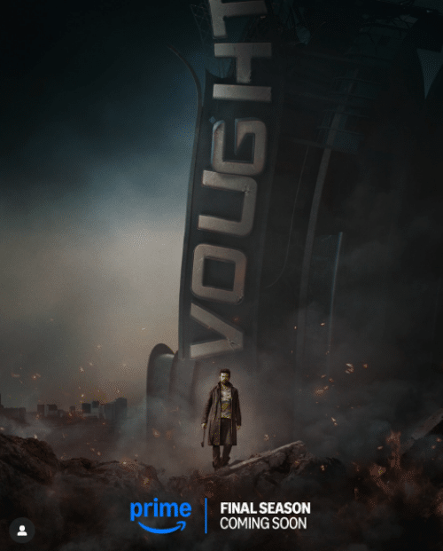 Pôster da temporada final de The Boys mostrando Billy Bruto (Billy Butcher) em um campo de batalha desolador, com a logo 'Vought' em ruínas. A imagem reflete o alto debate e a repercussão da série entre fãs e críticos.