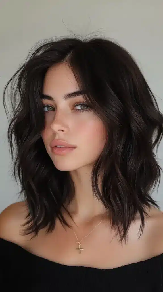 Corte Collarbone Lob, na altura da clavícula, com fios suaves e levemente ondulados.
