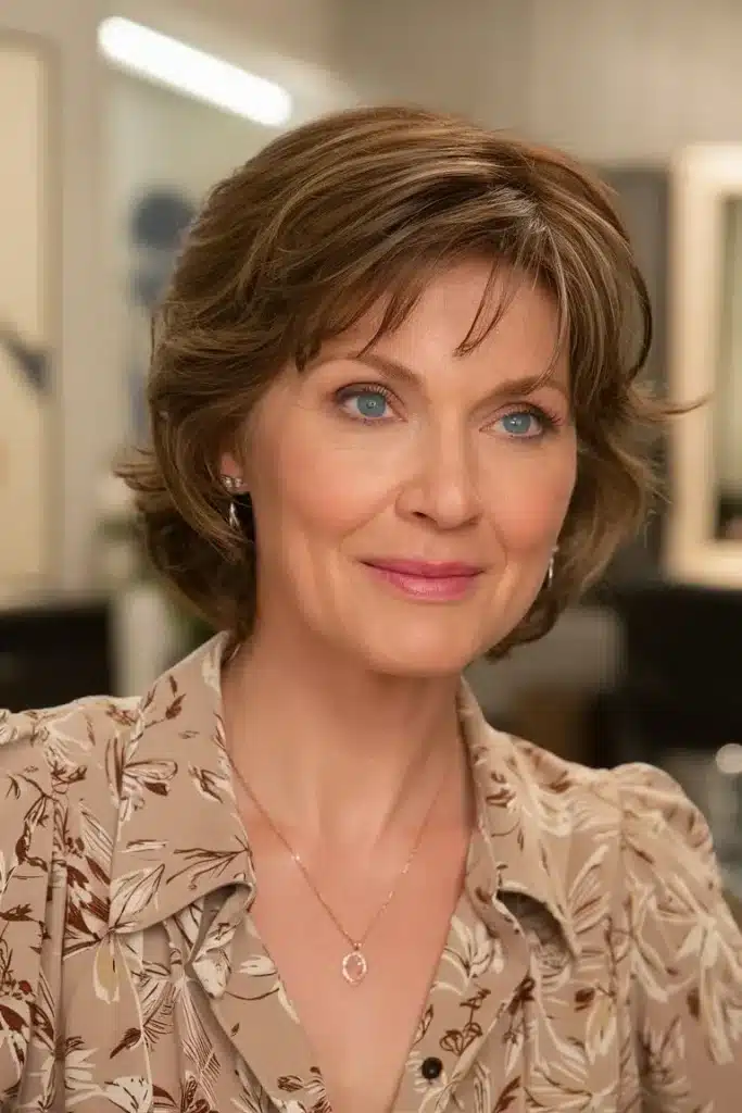 Mulher com corte de base quadrada, exibindo fios curtos e alinhados que criam um visual moderno e equilibrado.