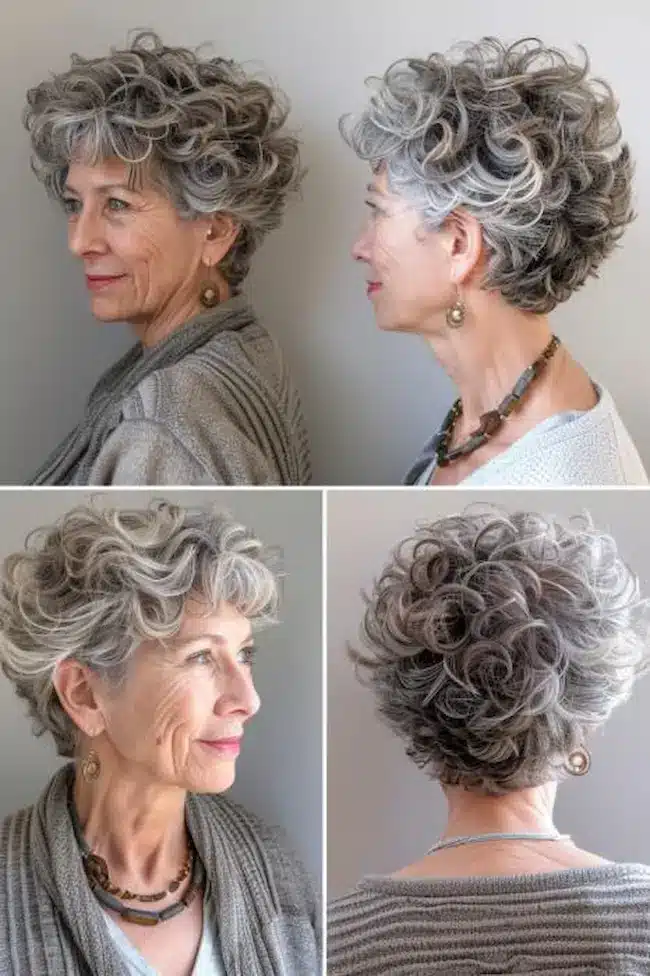 Mulher com cabelo cacheado no estilo curly crop, exibindo corte curto em camadas que realça definição e volume.