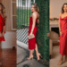 Montagem de três looks femininos para o Natal: Vestido longo verde-esmeralda, combinação casual com blusa vermelha e shorts neutro, e um slip dress longo vermelho-seda. Modelos posam em frente a árvores de Natal decoradas.