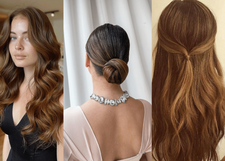 Montagem de três opções de penteados femininos elegantes para festas: cabelo longo solto com ondas largas, coque baixo polido com acessórios e penteado meio-preso com volume no topo.