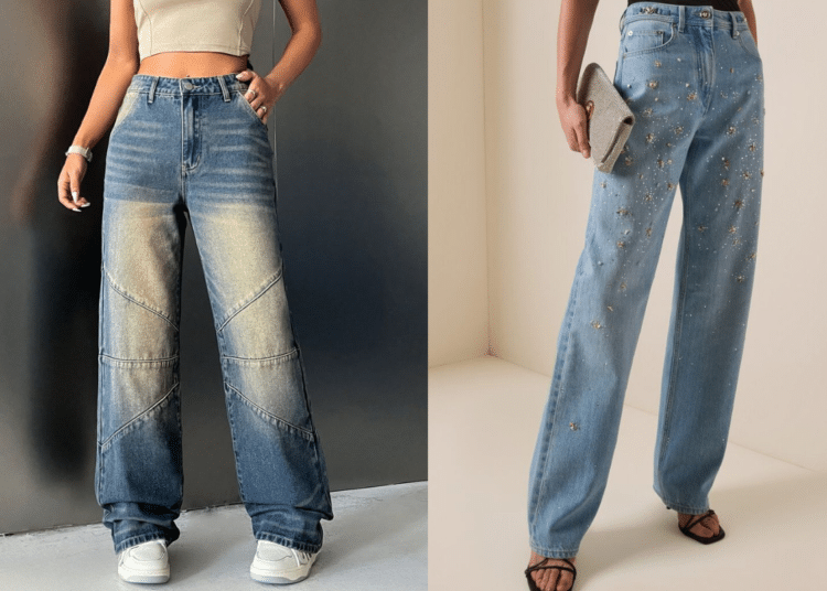 Modelos de calças jeans largos e customizados (Wide leg e aplicações) (Tendências de moda denim dos anos 70 para 2026)