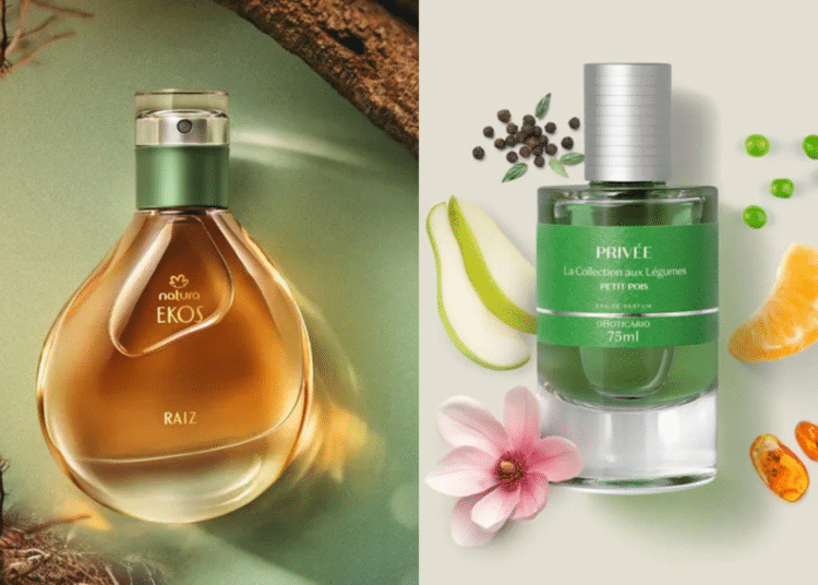 Imagem dupla: Perfume Natura Ekos Raiz com frasco em tons terrosos e o perfume Privée Petit Pois d'O Boticário, com notas verdes e cítricas, representando opções frescas para o verão.