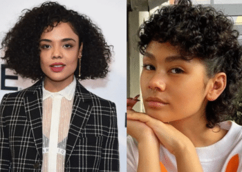 Colagem de dois cortes para cabelos cacheados: um bob arredondado com volume e um estilo curto texturizado e moderno.