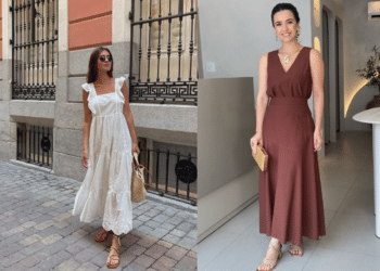 Uma montagem com duas fotos de moda feminina. À esquerda, uma mulher em uma rua de paralelepípedos usa um vestido longo branco de laise com babados nas alças e bolsa de palha. À direita, uma mulher em um ambiente interno veste um vestido midi marrom acobreado com decote em V e sandálias douradas.