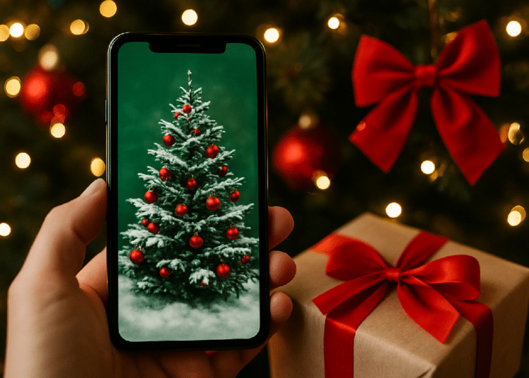 Mão segurando celular com imagem de árvore de Natal decorada, presente e laço vermelho ao fundo