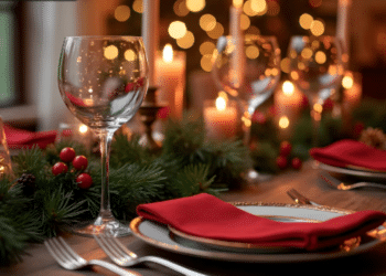 Taça de vinho vazia ao lado de prato com guardanapo vermelho e decoração natalina com velas e pinhas