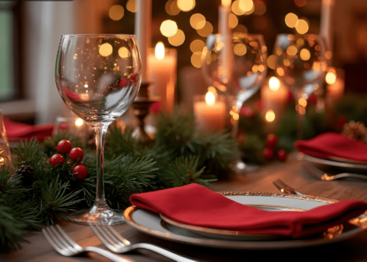 Taça de vinho vazia ao lado de prato com guardanapo vermelho e decoração natalina com velas e pinhas