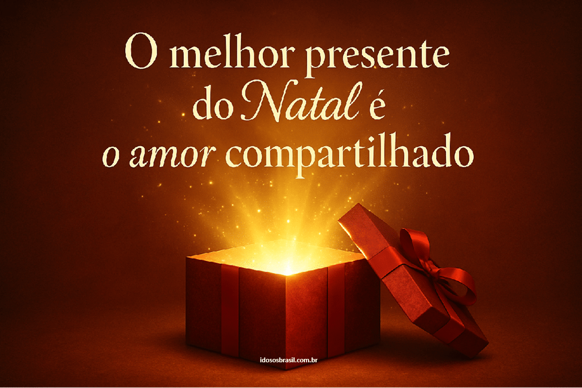 Presente de Natal aberto com luz dourada saindo de dentro e frase sobre o verdadeiro presente do Natal.