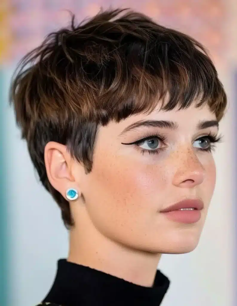 Mulher com corte pixie moderno visto de perfil.