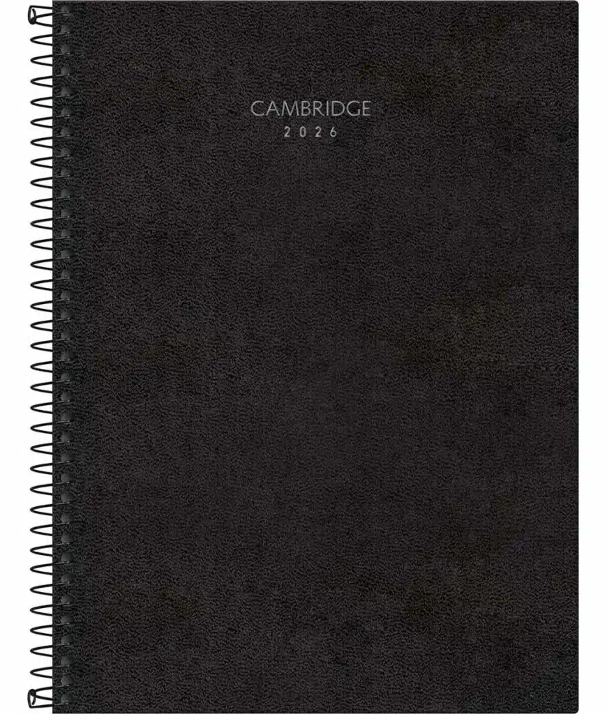 Planner Executivo Cambridge 2026, capa preta com espiral metálico.