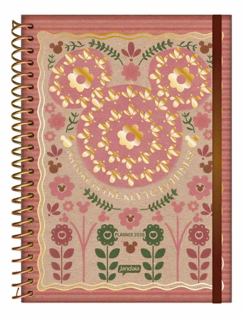 Planner Mickey & Minnie Kraft Jandaia 2026 com capa floral e detalhes do Mickey.