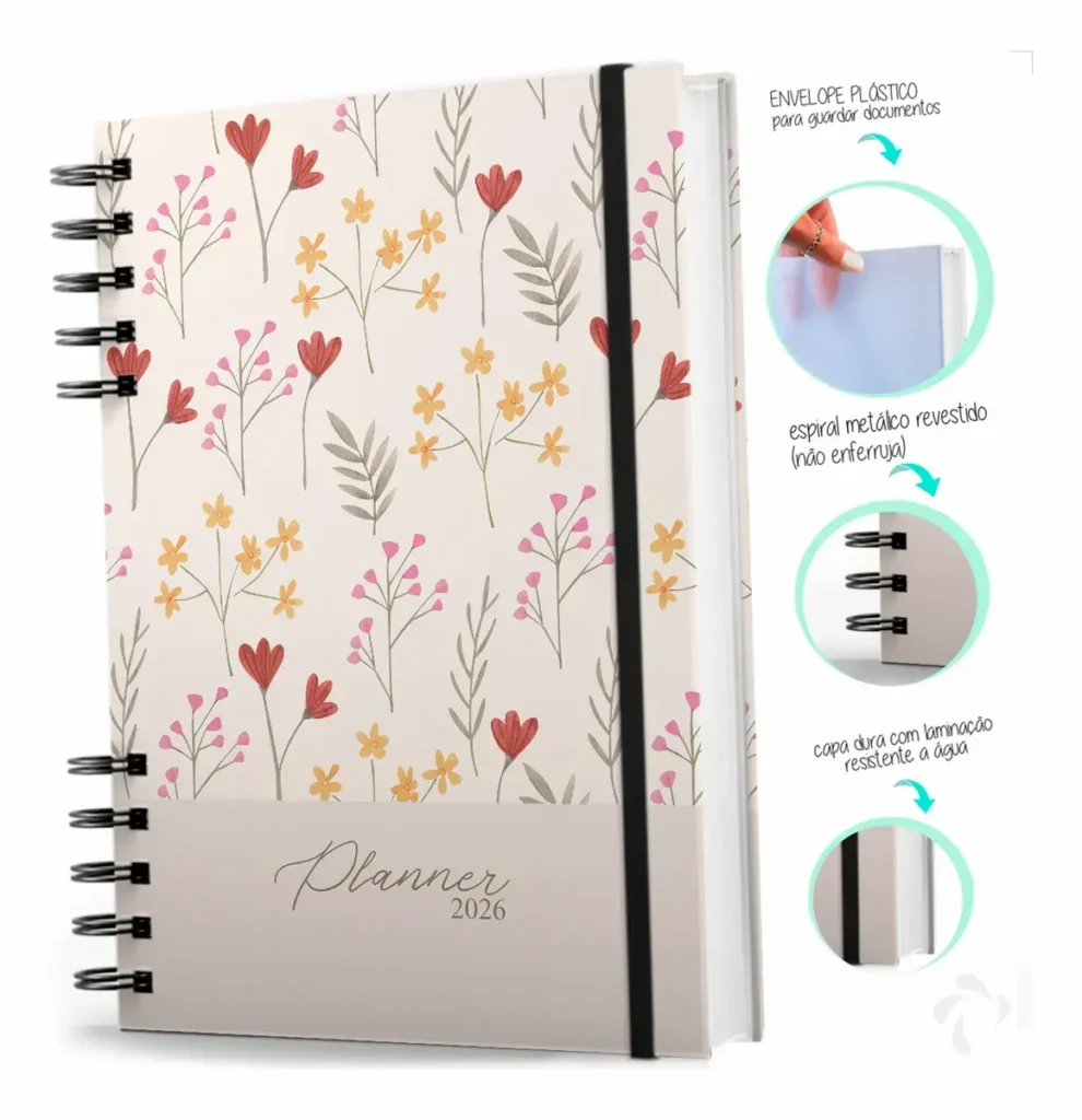 Planner 2026 com capa floral e espiral metálico, ideal para organização semanal e mensal.