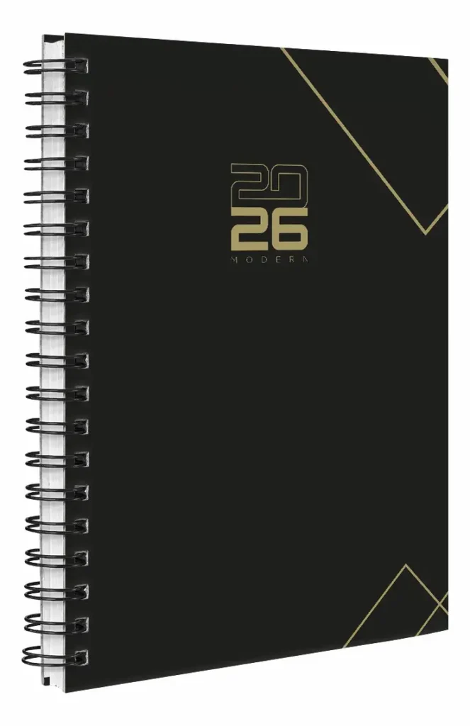 Planner Semanal Modern 2026, capa preta com detalhes dourados e espiral.