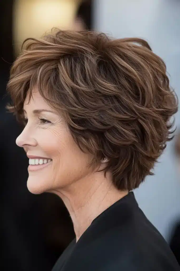 Mulher madura com corte short shag volumoso em camadas, exibindo visual moderno e natural.