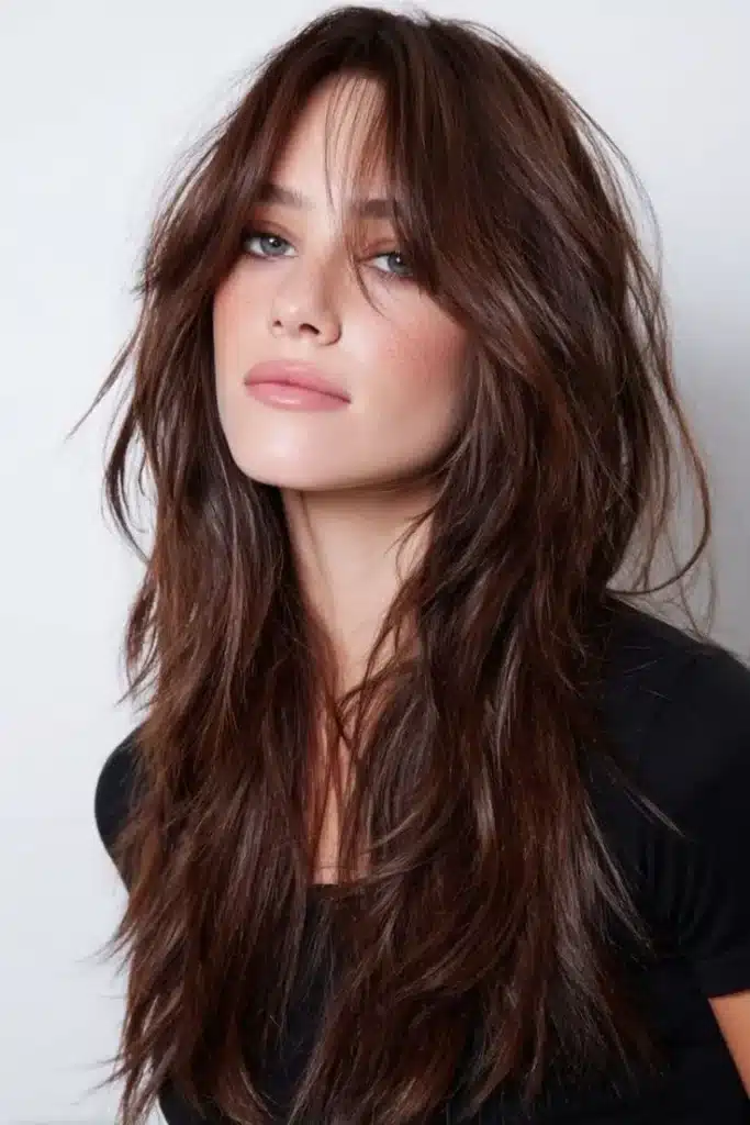 Soft Shaggy Hair com camadas suaves e textura natural, inspirado nos anos 70.