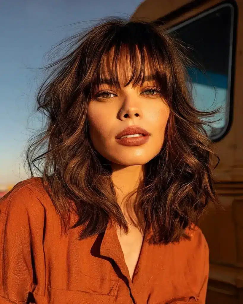 Franja Wispy Bangs, com fios desfiados e suaves, criando um look moderno e leve.