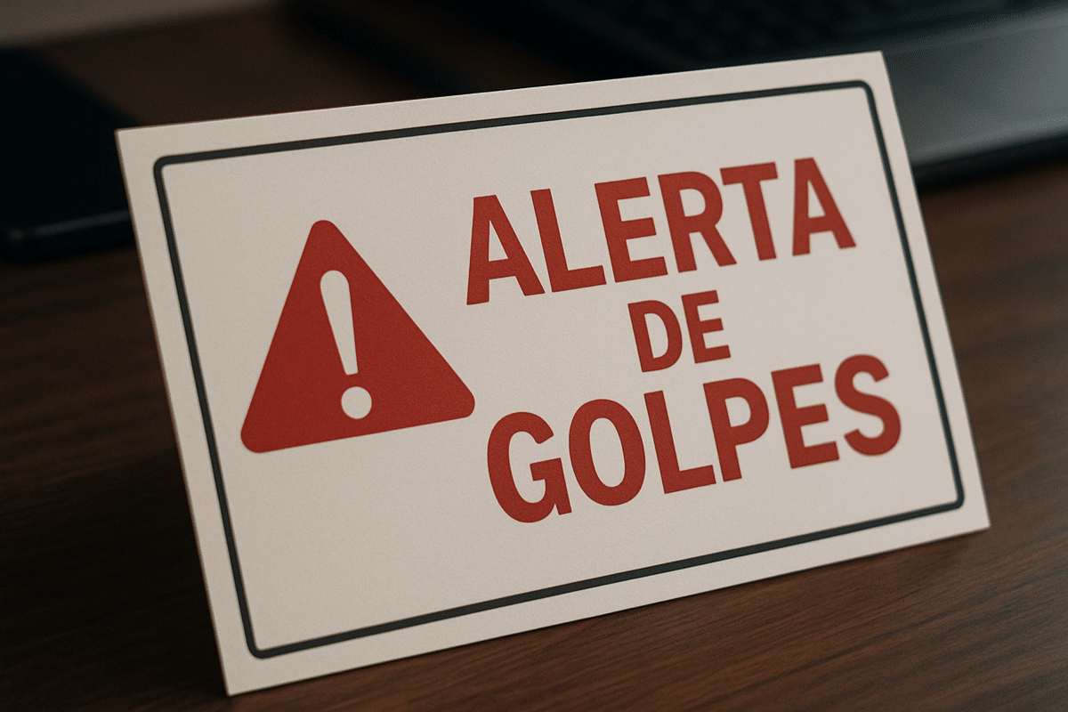 Placa com aviso escrito 'Alerta de golpes' em destaque