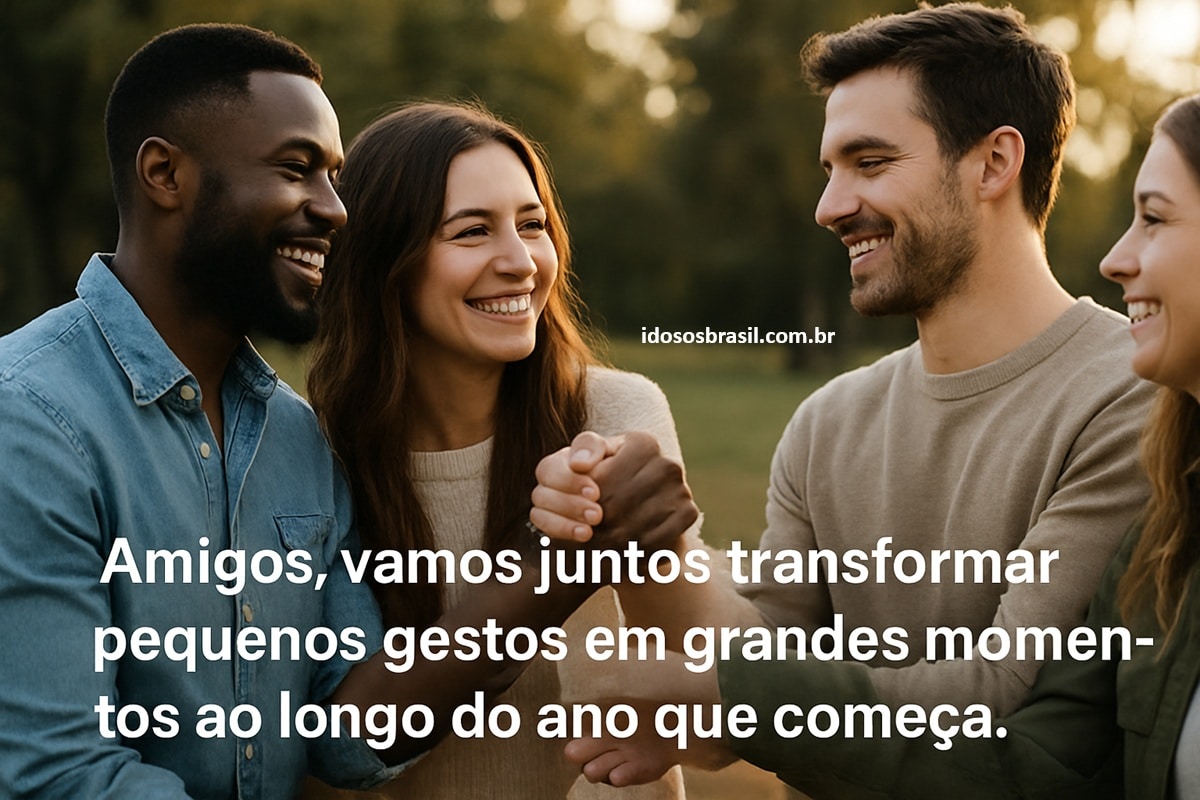 Grupo de amigos sorrindo e se cumprimentando ao ar livre, com mensagem motivacional de ano novo.